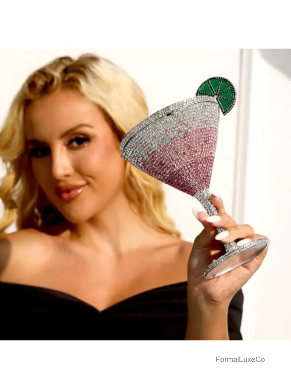 Cocktail Glasses Shape Crystal Clutch Bag Evening Handbag Bridal Rhinestone